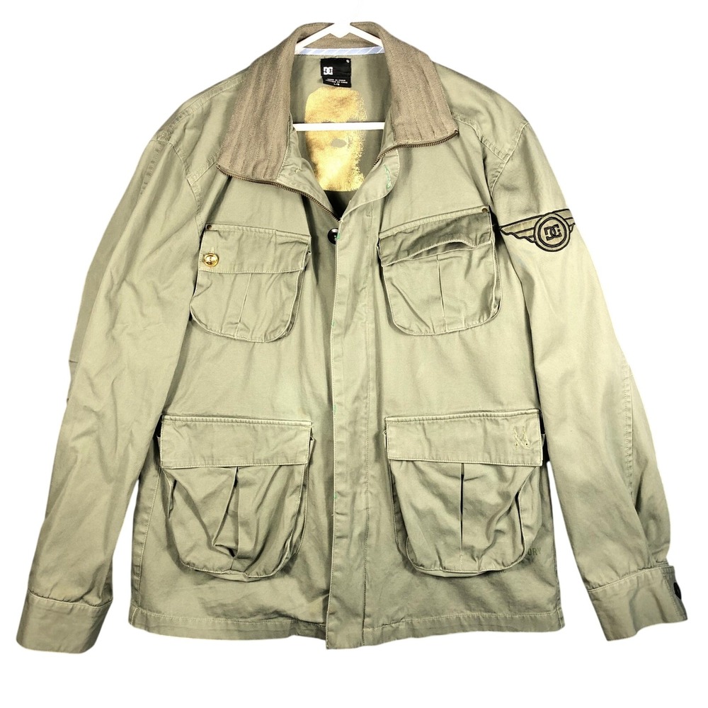 DC Shoes‎ Men's Utility Field Military Jacket Green Cargo Pockets Embroidered L